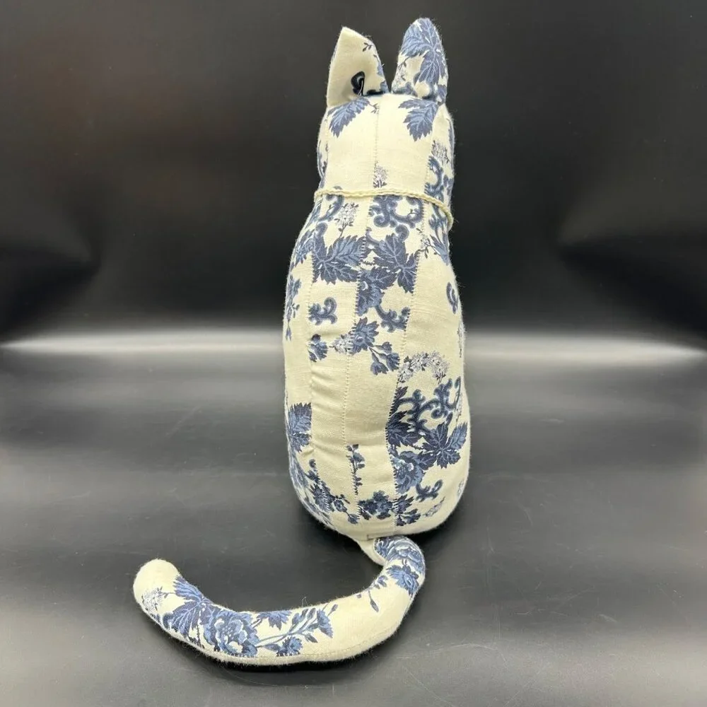 Handmade Stuffed Cat Blue White Floral Fabric Kitty Decorative Retro Flowers - Picture 4 of 8
